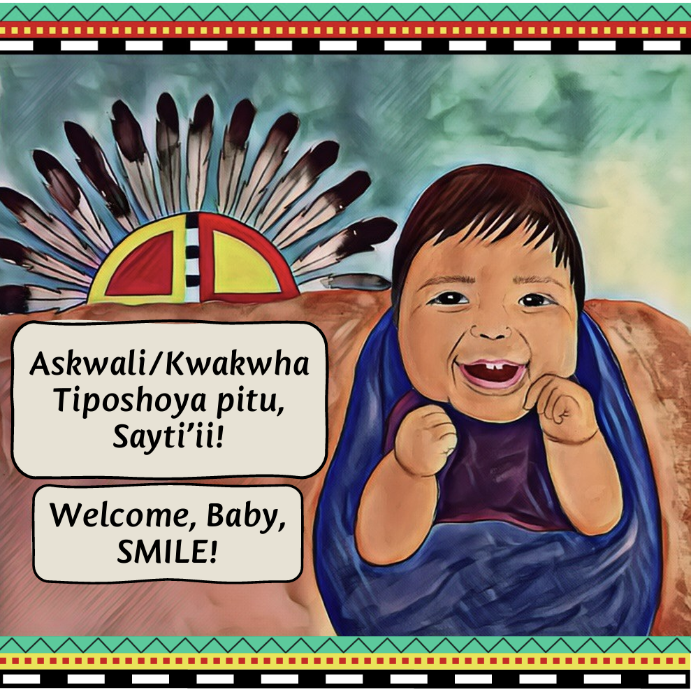 An illustrated cover for the book Welcome, Baby, Smile! with a Hopi baby by Bre Taylor. Illustration by Bre Taylor for the Great Beginnings for Healthy Native Smiles research project.